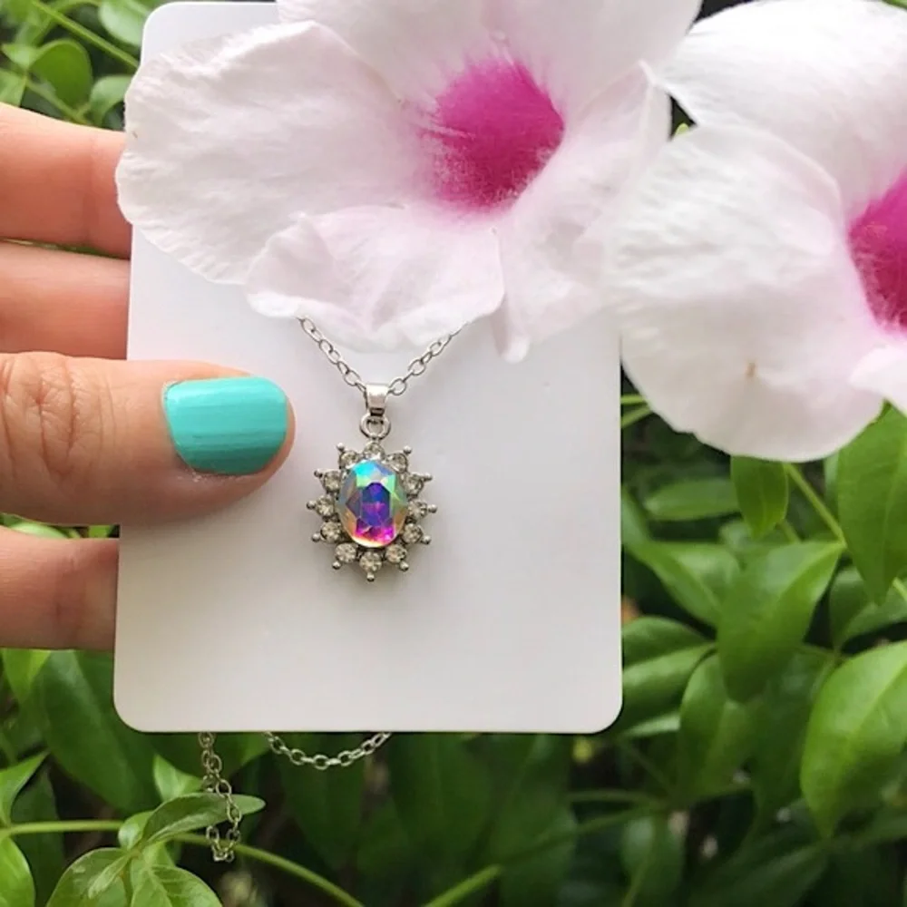 Aurora Borealis Crystal Halo Drop Necklace - Picture 7 of 9